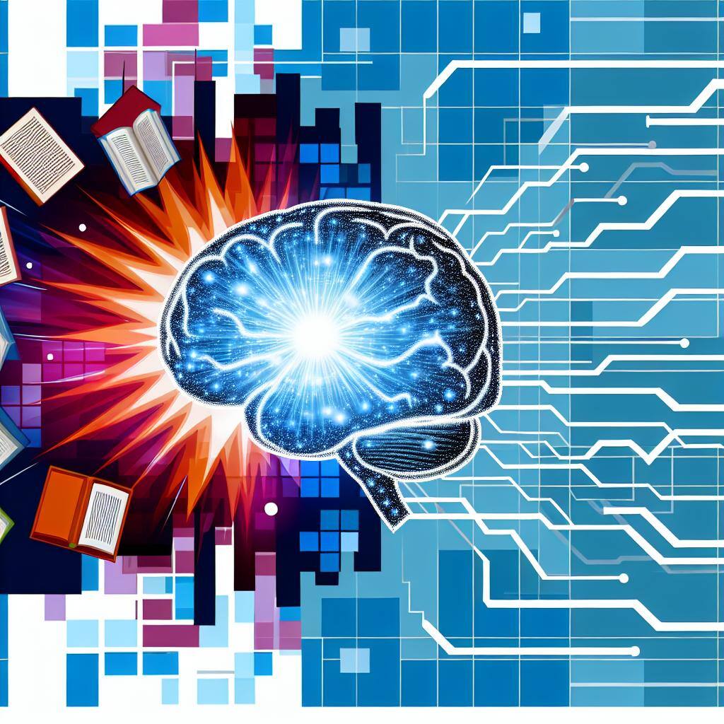 digital brain surrounded by pdfs, tables and books