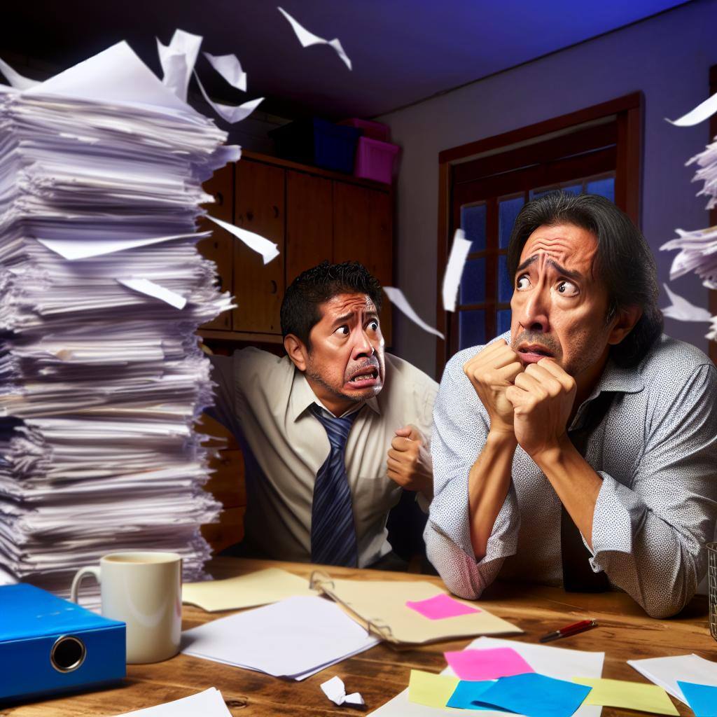 person being overwhelmed with paper on table